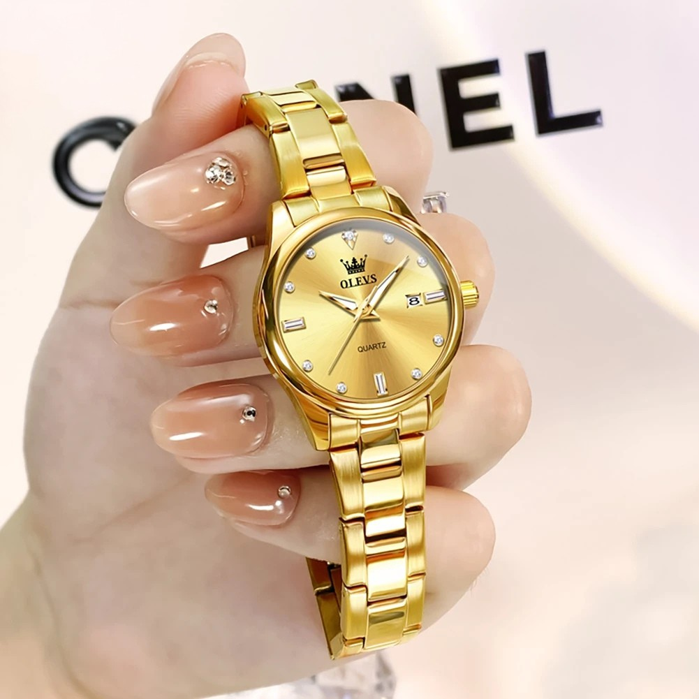 Relógio Feminino OLEVS Luxo Dourado Quartzo Aço Inoxidável à Prova d’Água 30m com Calendário Completo e Ponteiros Luminosos