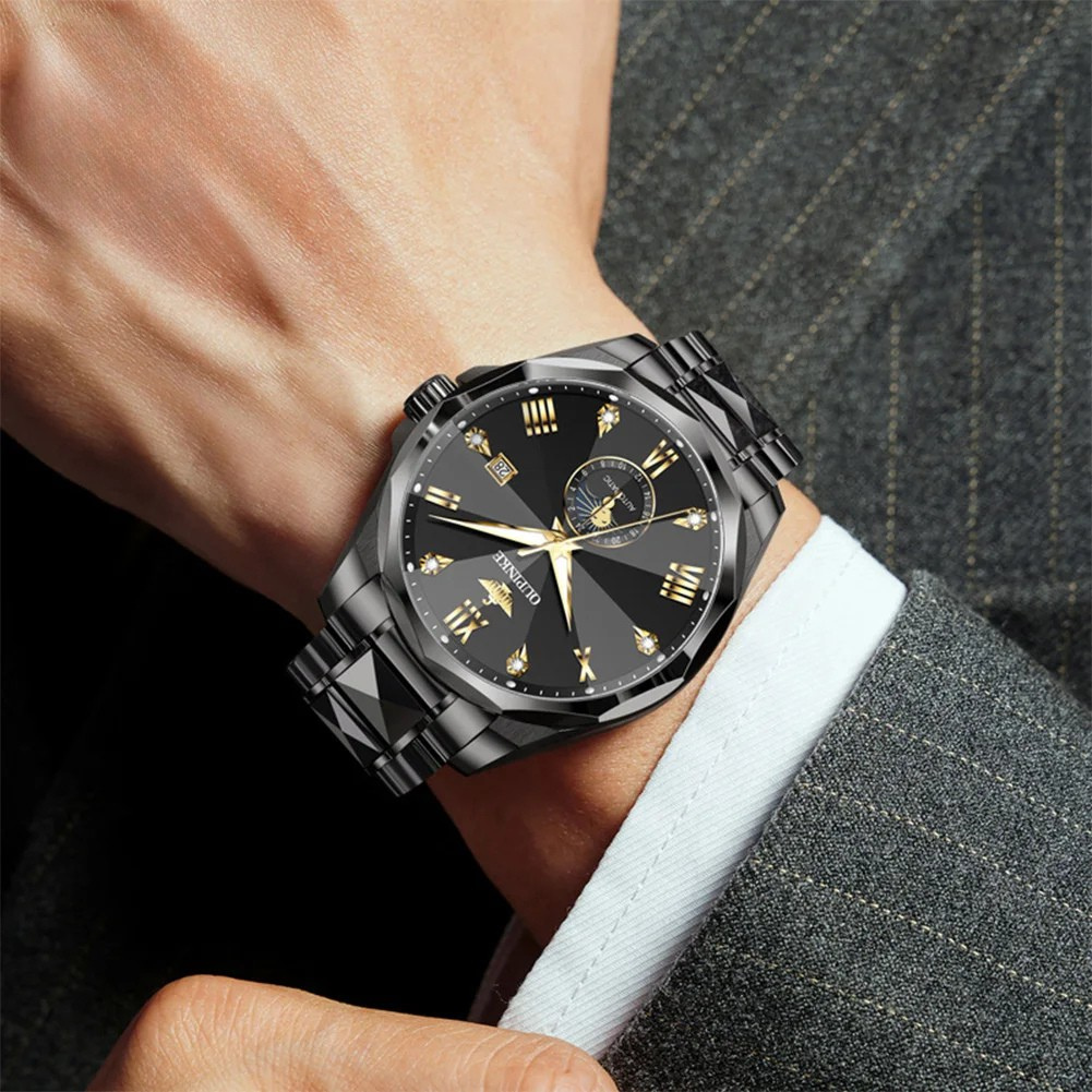 Relógio Masculino OUPINKE 3312 Automático Luxo Fase da Lua Aço Tungstênio Safira à Prova d’Água