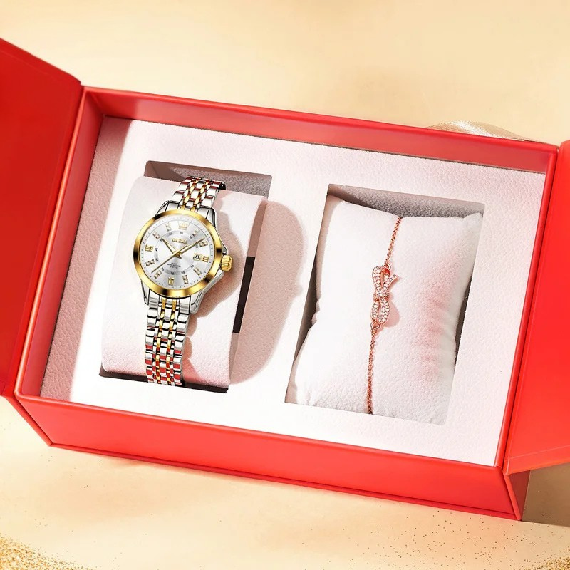 Relógio Feminino OLEVS Luxo com Pulseira e Caixa de Presente Quartzo à Prova d’Água 30m Elegante e Fashion