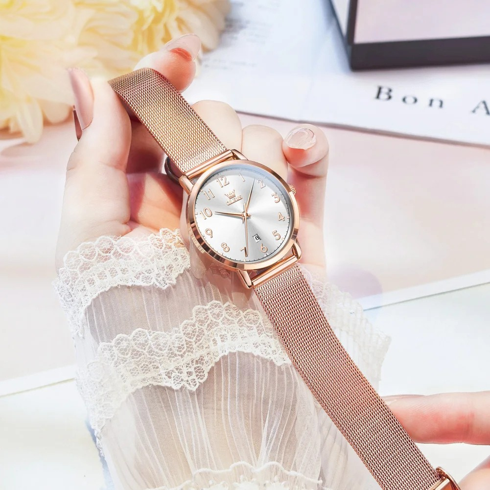 Relógio Feminino OLEVS Luxo Quartzo Ultrathin à Prova d’Água 30m com Numerais Árabes, Calendário Completo e Pulseira de Aço Inoxidável