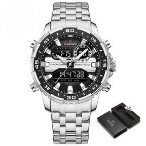 Relógio Masculino NAVIFORCE NF9234 Luxo Esportivo à Prova d’Água Cronógrafo Digital com Pulseira de Aço