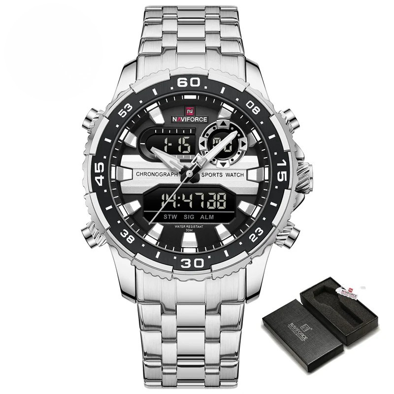Relógio Masculino NAVIFORCE NF9234 Luxo Esportivo à Prova d’Água Cronógrafo Digital com Pulseira de Aço