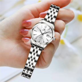 Relógio Feminino OLEVS Luxo Quartzo à Prova d’Água 30m com Calendário Completo e Pulseira de Aço Inoxidável – Elegante e Versátil