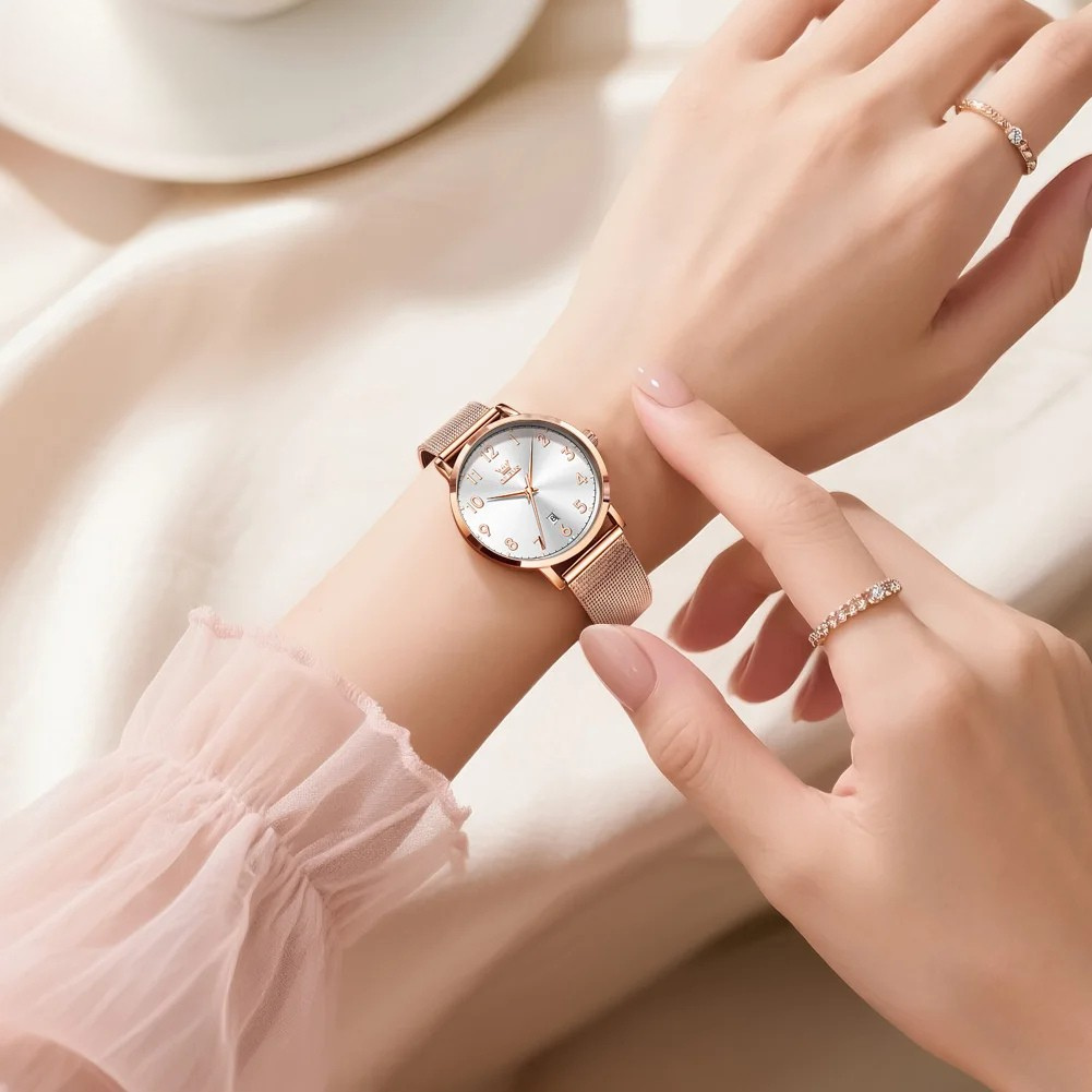 Relógio Feminino OLEVS Luxo Quartzo Ultrathin à Prova d’Água 30m com Numerais Árabes, Calendário Completo e Pulseira de Aço Inoxidável