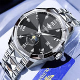 Relógio Masculino OUPINKE 3312 Automático Luxo Fase da Lua Aço Tungstênio Safira à Prova d’Água