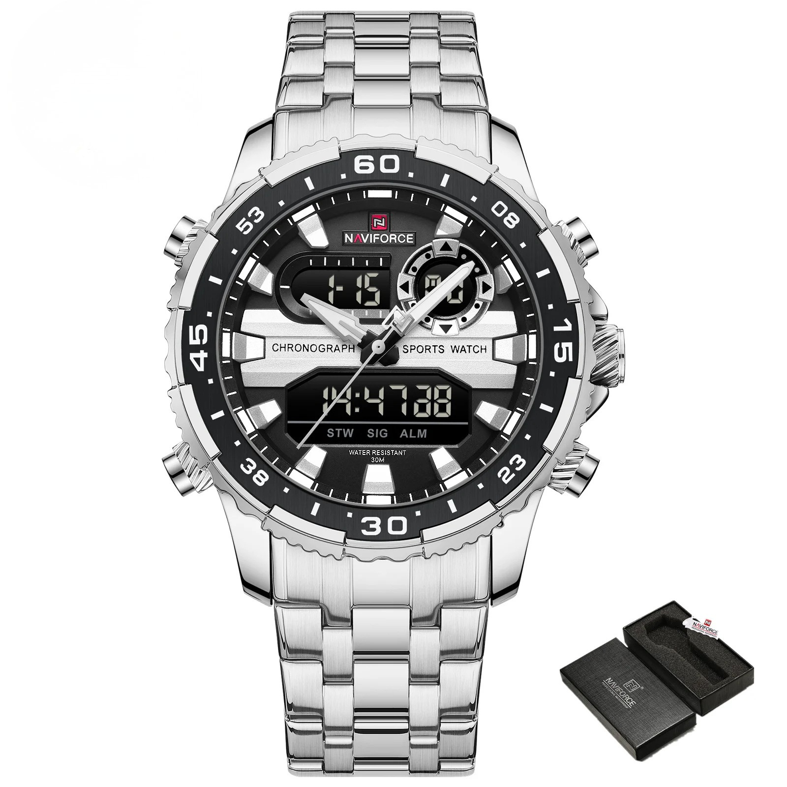 Relógio Masculino NAVIFORCE NF9234 Prata e Preto Quartz Analógico-Digital à Prova d’Água com Calendário