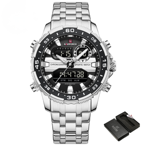 Relógio Masculino NAVIFORCE NF9234 Prata e Preto Quartz Analógico-Digital à Prova d’Água com Calendário