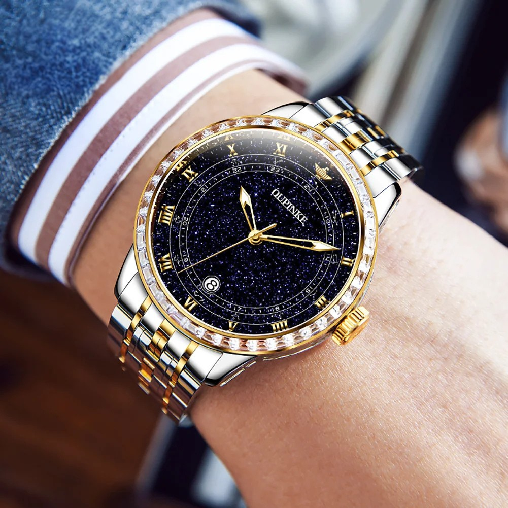 Relógio Masculino OUPINKE 3203 Automático Luxo Mostrador Estrelado Inox à Prova d’Água