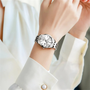 Relógio Feminino OLEVS Luxo Quartzo à Prova d’Água 30m com Calendário Completo e Pulseira de Aço Inoxidável – Elegante e Versátil