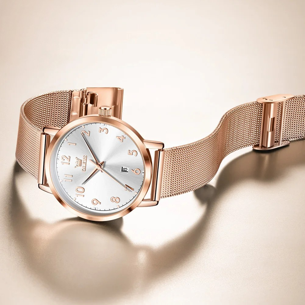 Relógio Feminino OLEVS Luxo Quartzo Ultrathin à Prova d’Água 30m com Numerais Árabes, Calendário Completo e Pulseira de Aço Inoxidável