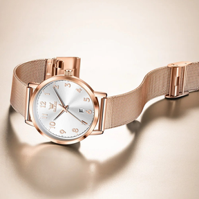 Relógio Feminino OLEVS Luxo Quartzo Ultrathin à Prova d’Água 30m com Numerais Árabes, Calendário Completo e Pulseira de Aço Inoxidável