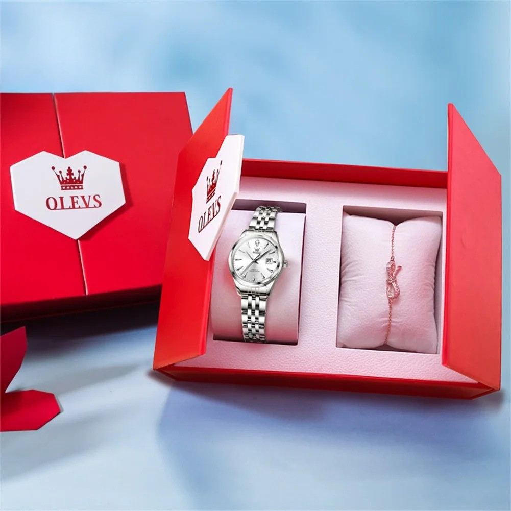 Relógio Feminino OLEVS Luxo Quartzo à Prova d’Água 30m com Calendário Completo e Pulseira de Aço Inoxidável – Elegante e Versátil
