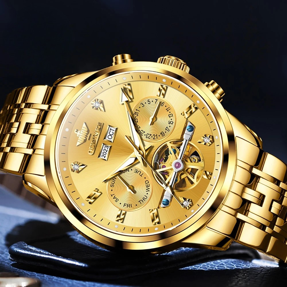Relógio Masculino OUPINKE 3248 Automático Luxo Dourado Flywheel Safira à Prova d’Água