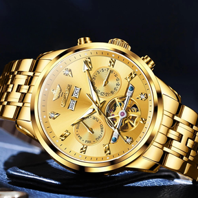 Relógio Masculino OUPINKE 3248 Automático Luxo Dourado Flywheel Safira à Prova d’Água