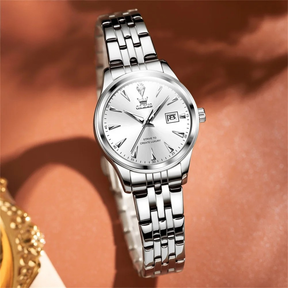 Relógio Feminino OLEVS Luxo Quartzo à Prova d’Água 30m com Calendário Completo e Pulseira de Aço Inoxidável – Elegante e Versátil