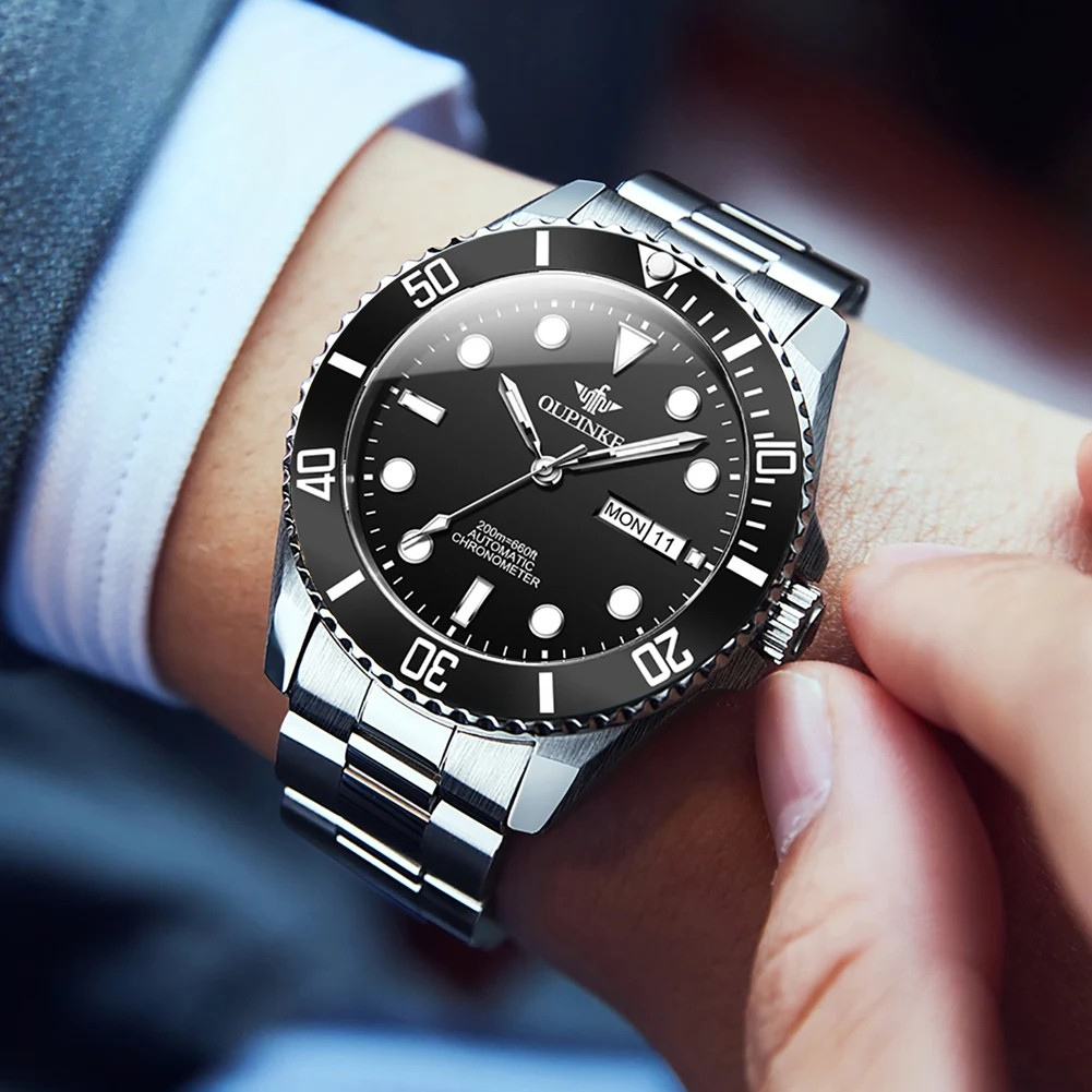 Relógio Masculino OUPINKE 3205 Automático Mecânico Luxo em Aço Inoxidável 200m à Prova d’Água com Anel Rotativo e Iluminação HD
