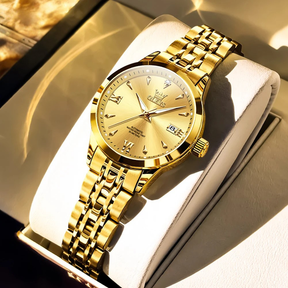 Relógio Feminino OLEVS Luxo Automático Mecânico à Prova d’Água 30m com Calendário Completo – Pulseira em Aço Inoxidável