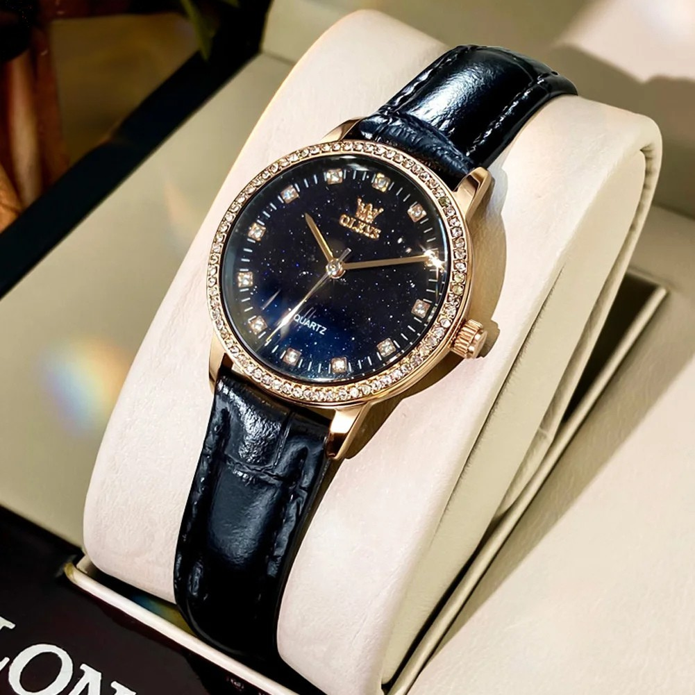 Relógio Feminino OLEVS Luxo Mostrador Estrelado Quartzo Pulseira de Couro à Prova d’Água 30m com Caixa Presente
