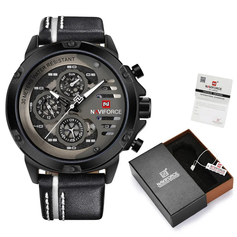 Relógio Masculino NAVIFORCE NF9110 Luxo Esportivo Pulseira de Couro à Prova d’Água