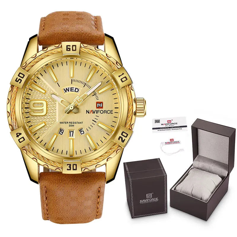 Relógio Masculino Luxo à Prova d’Água com Pulseira de Couro e Caixa Original - NAVIFORCE NF9117L-GG