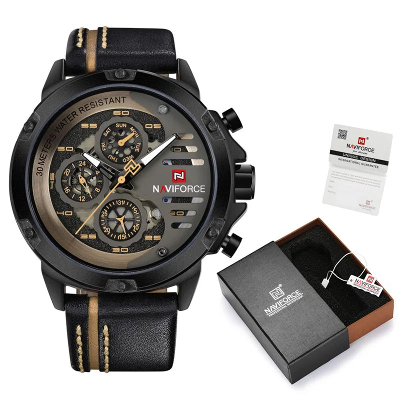 Relógio Masculino NAVIFORCE NF9110 Luxo Esportivo Pulseira de Couro à Prova d’Água