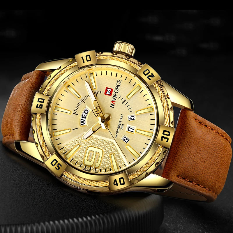 Relógio Masculino Luxo à Prova d’Água com Pulseira de Couro e Caixa Original - NAVIFORCE NF9117L-GG