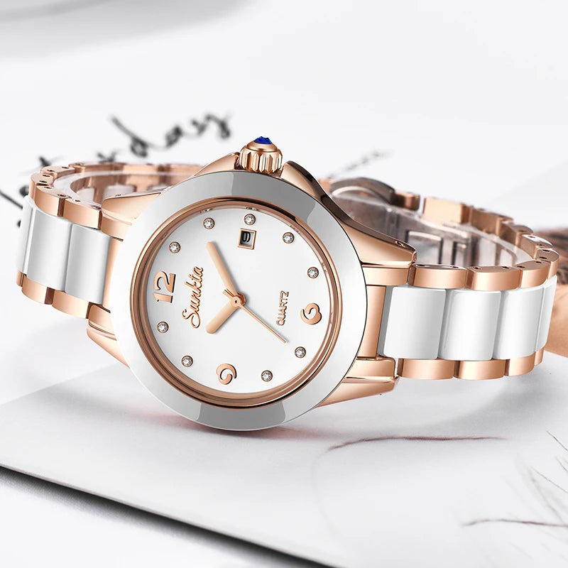 Relógio Feminino LIGE Sunkta Luxo Quartzo Original Cerâmica à Prova d’Água Elegante