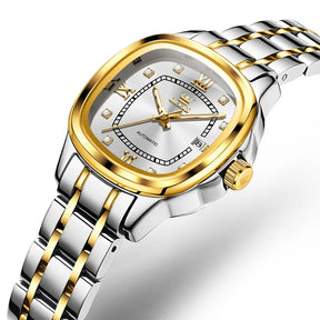 Relógio Feminino Automático OLEVS Luxo com Diamantes Aço Inoxidável à Prova d’Água Quadrado Elegante com Calendário Completo