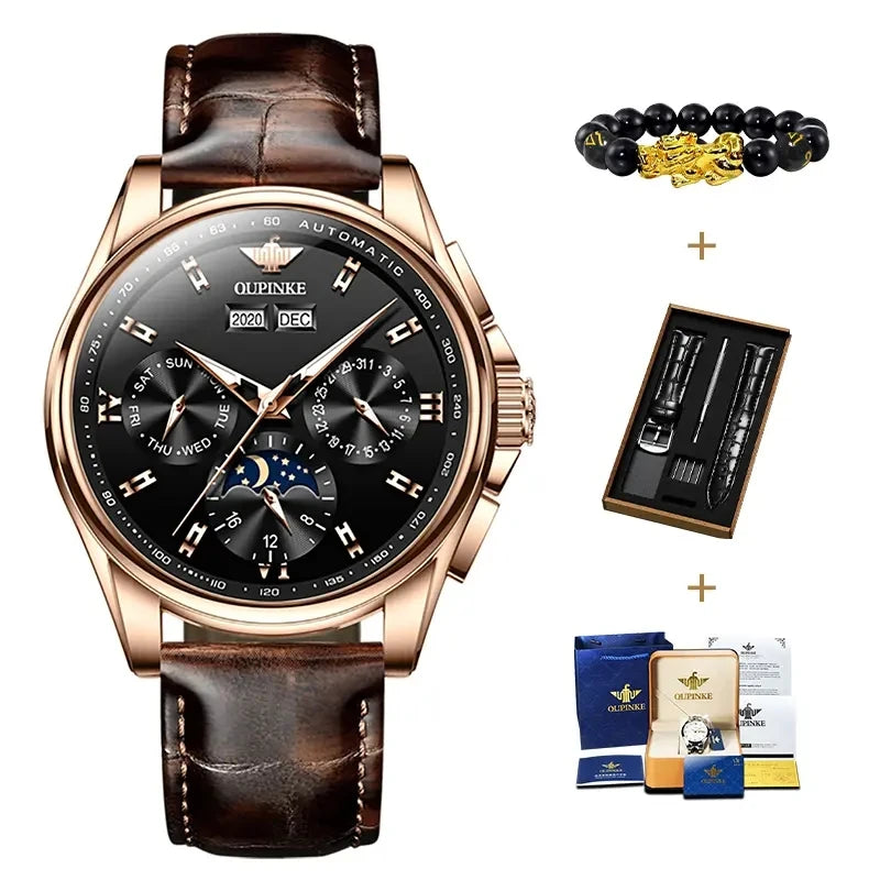 Relógio Masculino OUPINKE 3189 Luxo Automático Original Couro à Prova d’Água com Fases da Lua