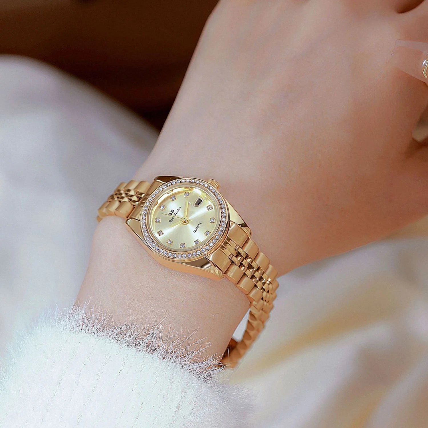 Relógio Feminino BS Bee Sister Luxo Dourado – Quartzo, Aço Inoxidável e à Prova d’Água