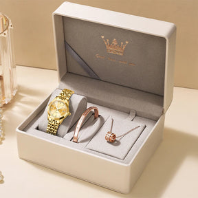 Relógio Feminino OLEVS Luxo Quartzo à Prova d’Água 30m com Calendário Completo – Conjunto com Colar e Pulseira