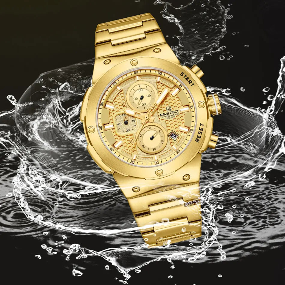 Relógio Masculino Luxo 2025 Cronógrafo à Prova d’Água 30M Pulseira de Aço Inoxidável Militar e Esportivo - NAVIFORCE NF8072