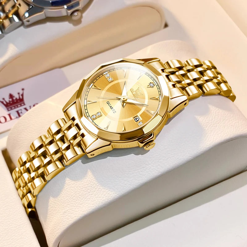 Relógio Feminino OLEVS Luxo Quartzo à Prova d’Água 30m com Calendário Completo – Conjunto com Colar e Pulseira
