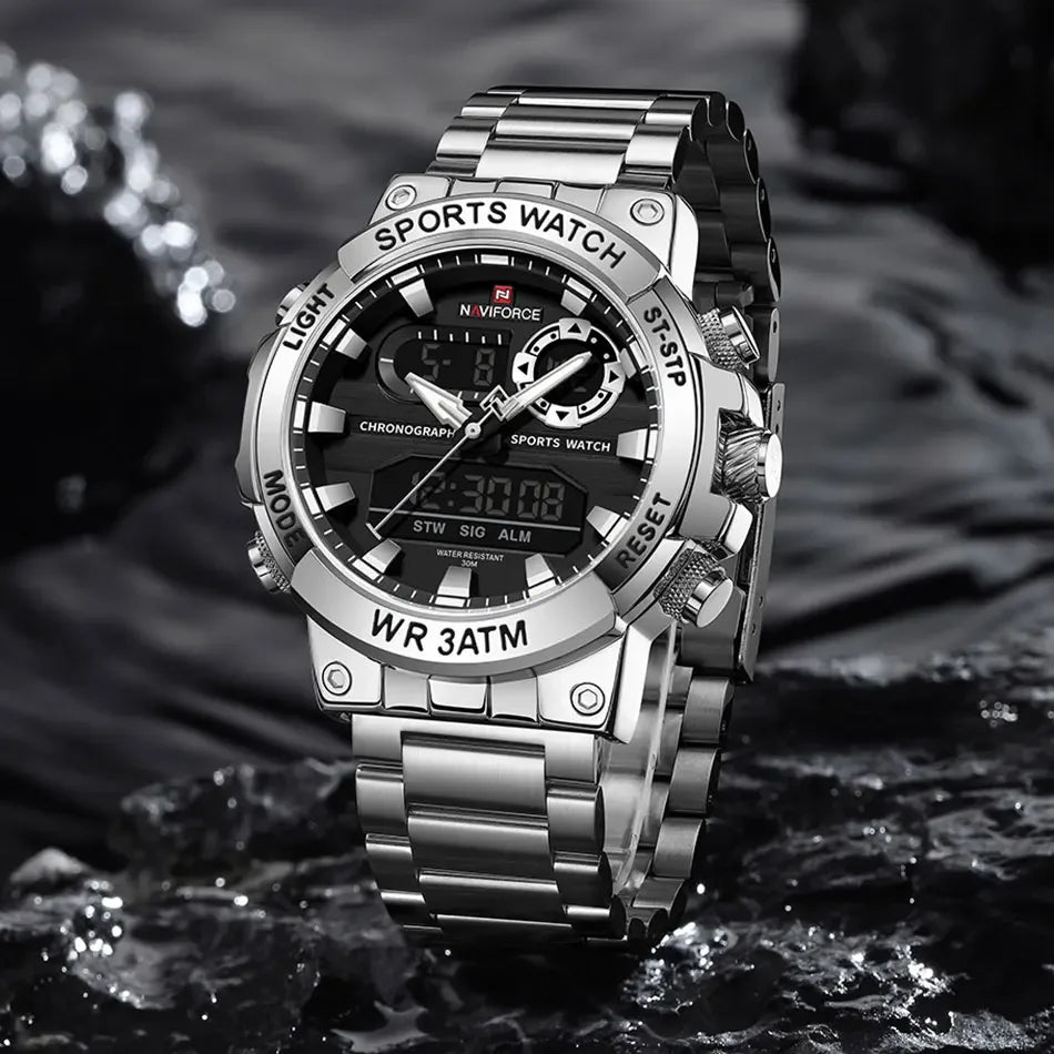 Relógio Masculino NAVIFORCE NF9237 Digital e Analógico Esportivo Aço Inox