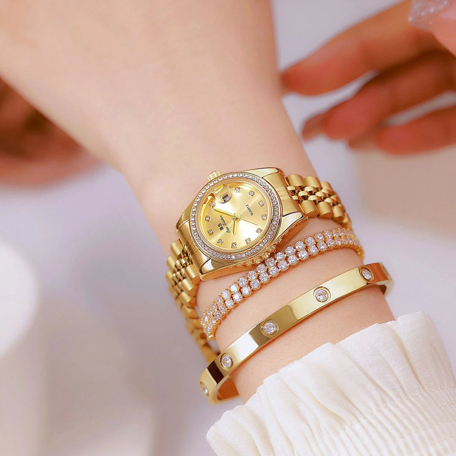 Relógio Feminino BS Bee Sister Luxo Dourado – Quartzo, Aço Inoxidável e à Prova d’Água