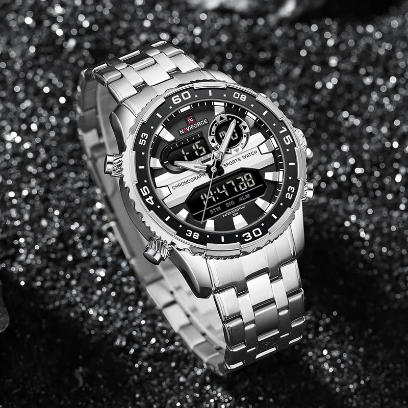 Relógio Masculino NAVIFORCE NF9234 Prata e Preto Quartz Analógico-Digital à Prova d’Água com Calendário
