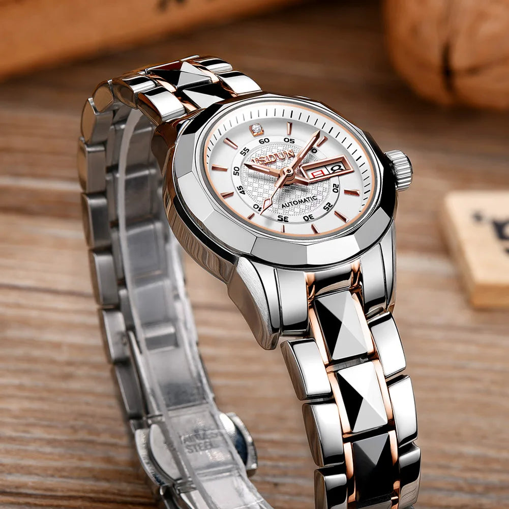 Relógio Feminino JSDUN Luxo Automático Mecânico – Pulseira em Tungstênio com Calendário Completo e Semana