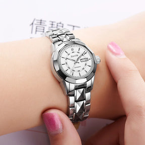Relógio Feminino JSDUN Luxo Automático Mecânico – Pulseira em Tungstênio com Calendário Completo e Semana